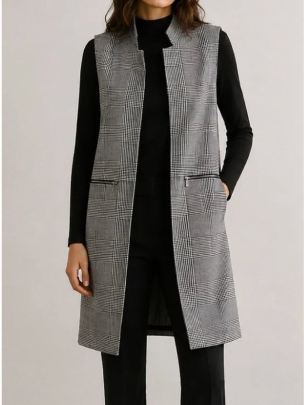 Calvin Klein Black/White Glen Plaid OPEN FRONT Vest Zippered Pockets Women's 4